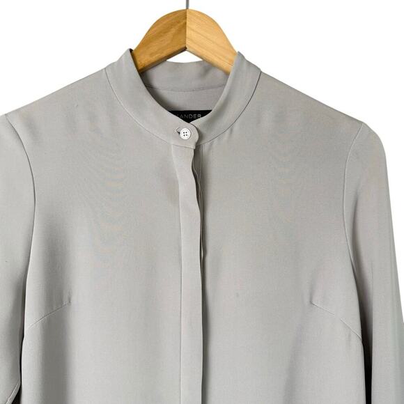 Xander 100% Silk Long Button Down Tunic Blouse Shirt Dress in Light Gray, Size 4 - Picture 2 of 10